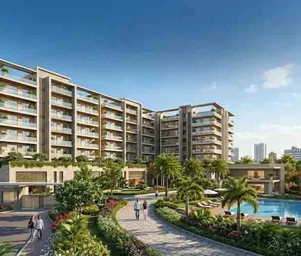 Actual site photos and 2B+G+22 high-rise tower views of Bhartiya Garden Estate in Sadahalli, North Bangalore.